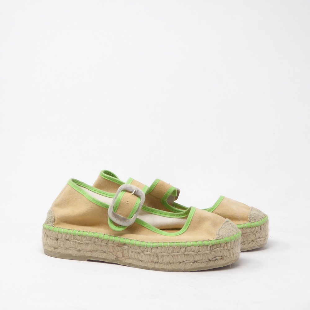 Free People Surfside 2.0 Espadrille Mary Jane Tan Green Buckle Platform 37 / 6.5